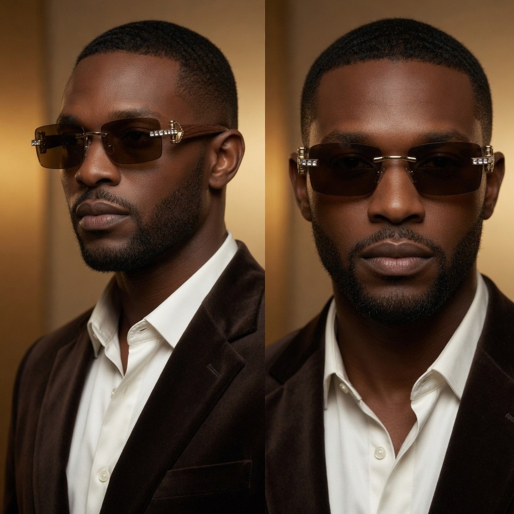 Rimless Sunglasses Wood Grain Frame Gold Accents Brown Lens‎ Men Buffs Hip Hop